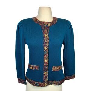 Vintage Jeffrey & Dara Teal + Paisley Button Down Cardigan Size Woman's 3/4